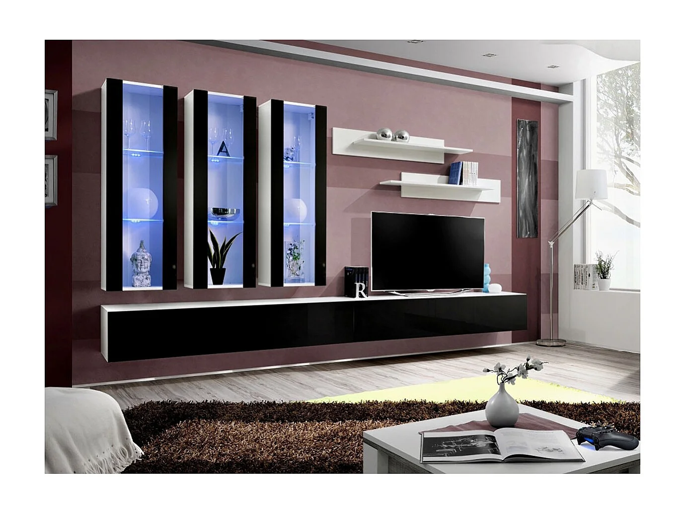 Meuble TV Mural Design "Fly III" 320cm Noir & Blanc