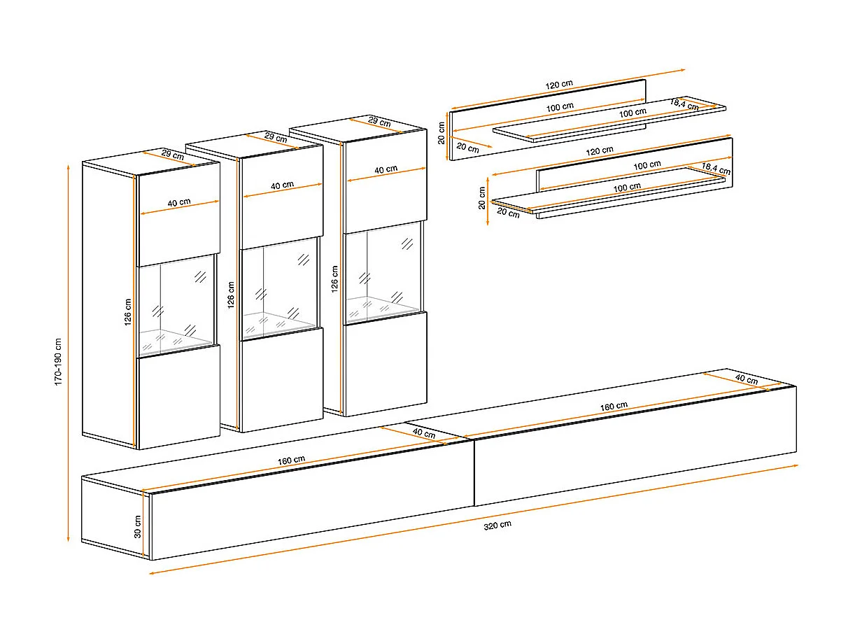 Meuble TV Mural Design "Fly III" 320cm Noir & Blanc