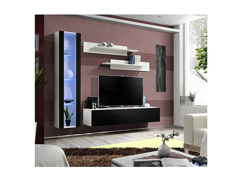 Meuble TV Mural Design "Fly II" 210cm Noir & Blanc