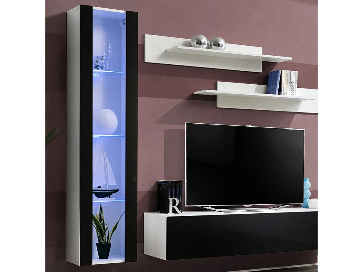 Meuble TV Mural Design "Fly II" 210cm Noir & Blanc