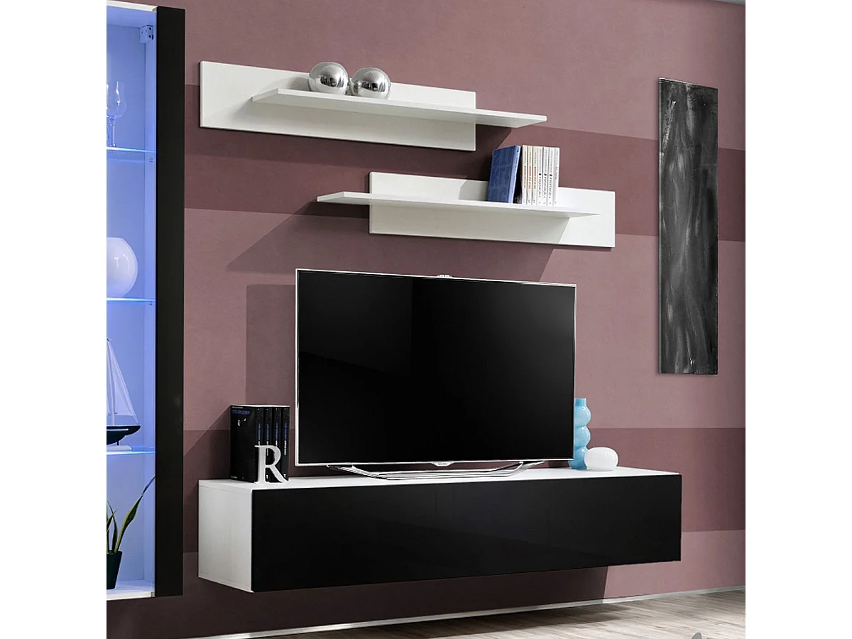 Meuble TV Mural Design "Fly II" 210cm Noir & Blanc