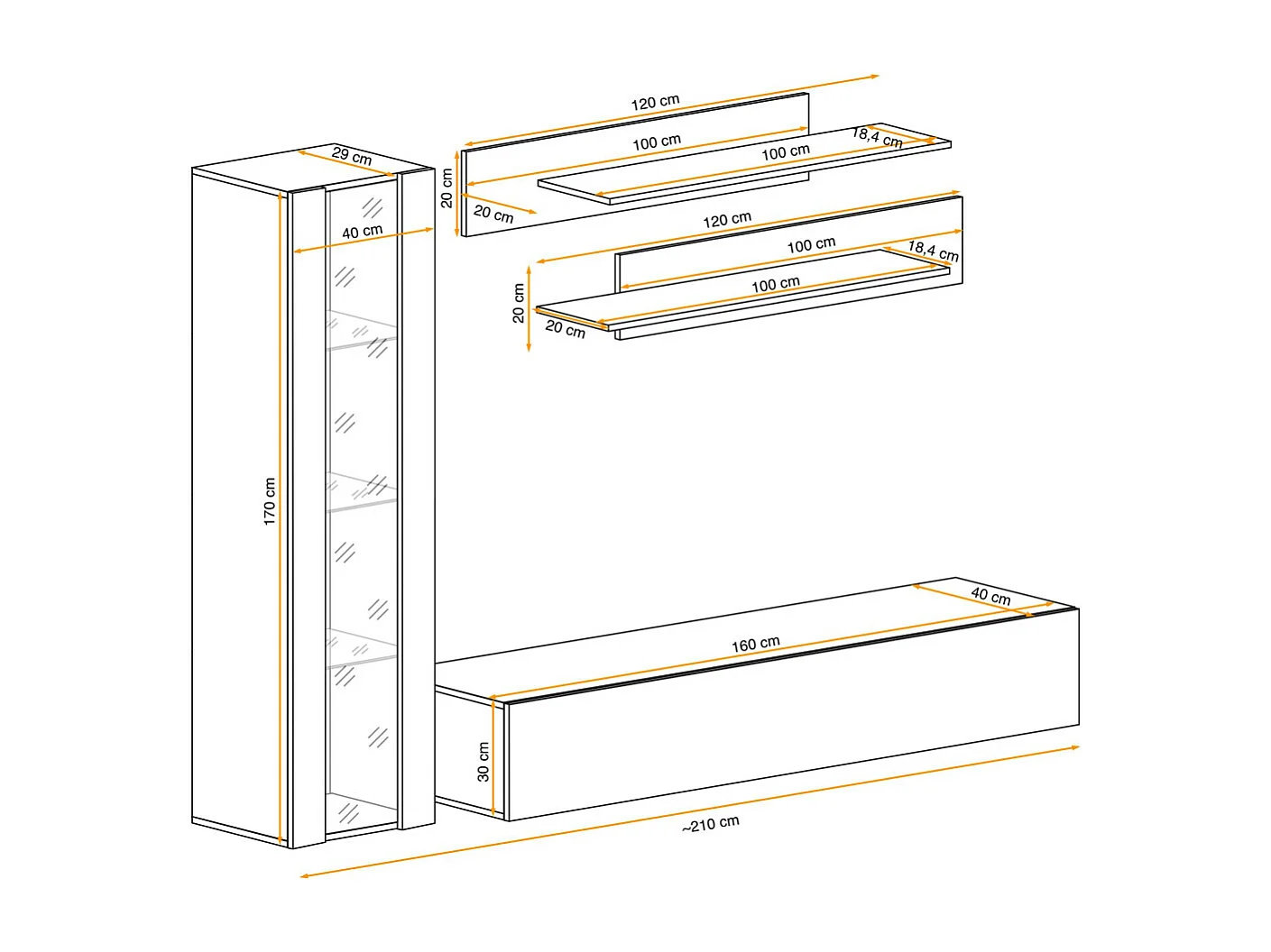 Meuble TV Mural Design "Fly II" 210cm Noir & Blanc
