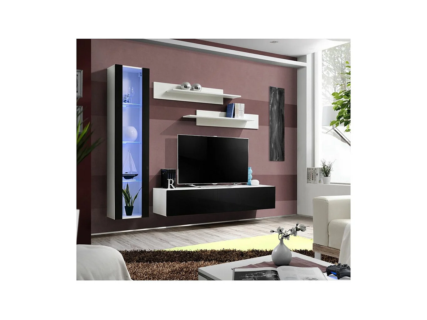 Meuble TV Mural Design "Fly II" 210cm Noir & Blanc