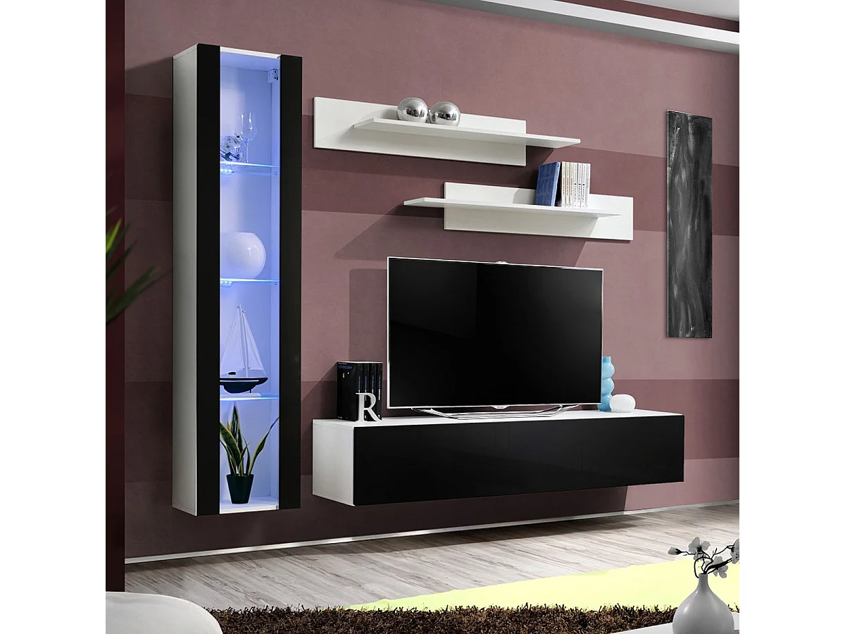 Meuble TV Mural Design "Fly II" 210cm Noir & Blanc