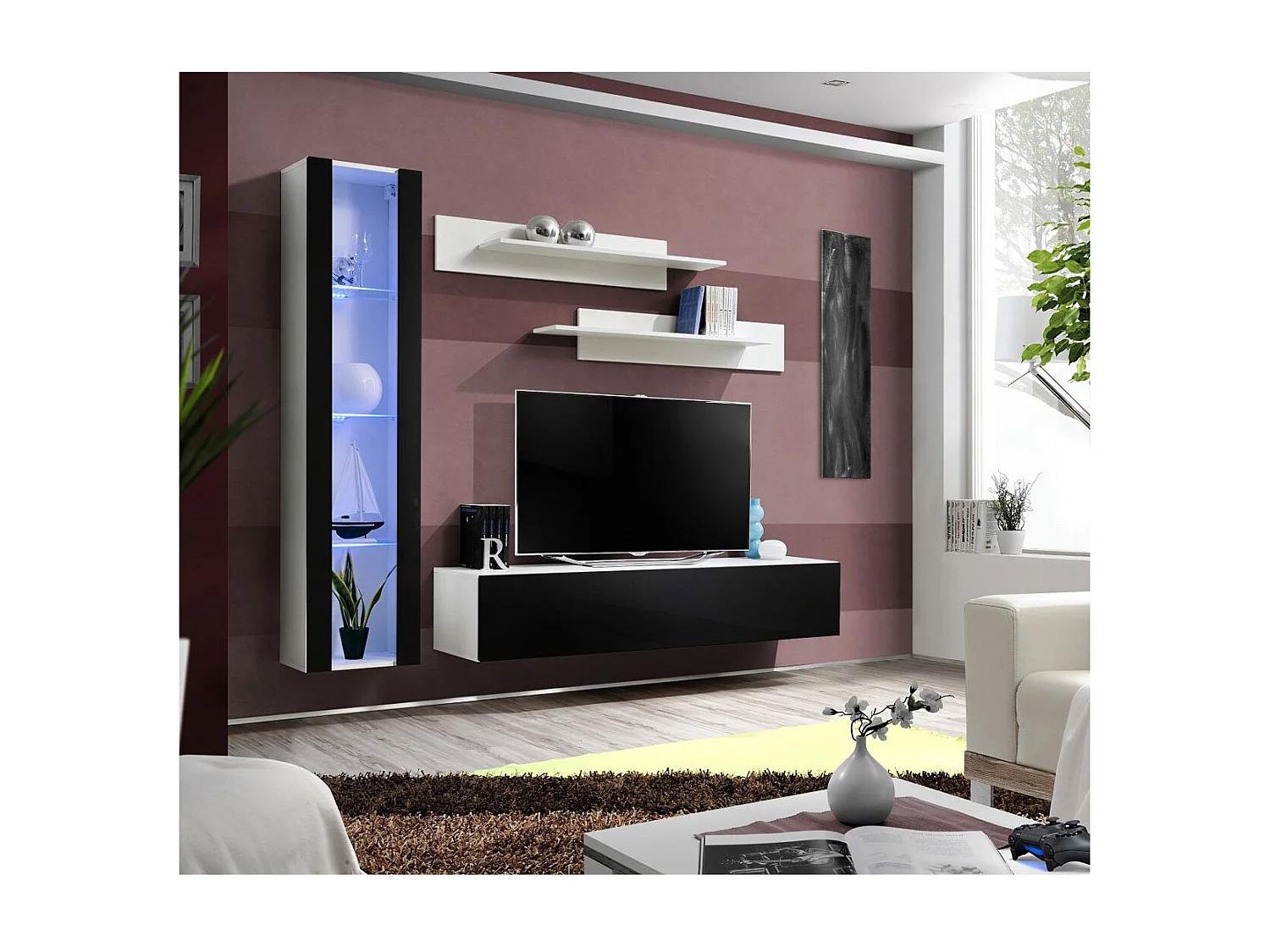 Meuble TV Mural Design "Fly II" 210cm Noir & Blanc