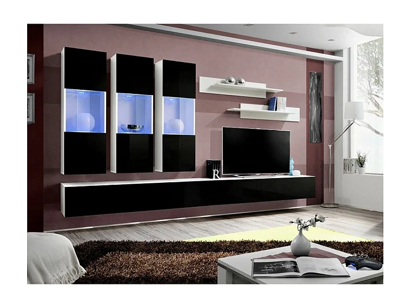 Meuble TV Mural Design "Fly II" 320cm Noir & Blanc