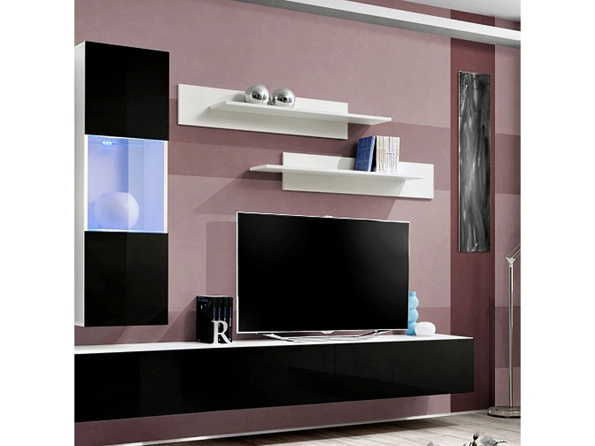 Meuble TV Mural Design "Fly II" 320cm Noir & Blanc