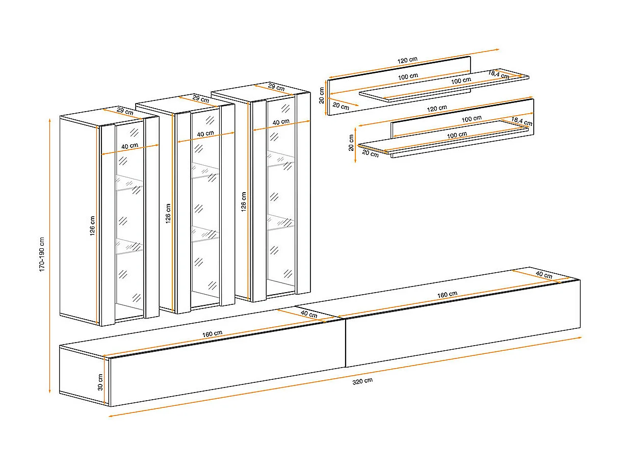 Meuble TV Mural Design "Fly II" 320cm Noir & Blanc