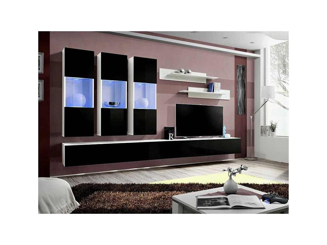 Meuble TV Mural Design "Fly II" 320cm Noir & Blanc