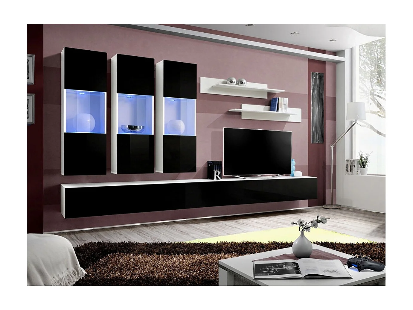 Meuble TV Mural Design "Fly II" 320cm Noir & Blanc