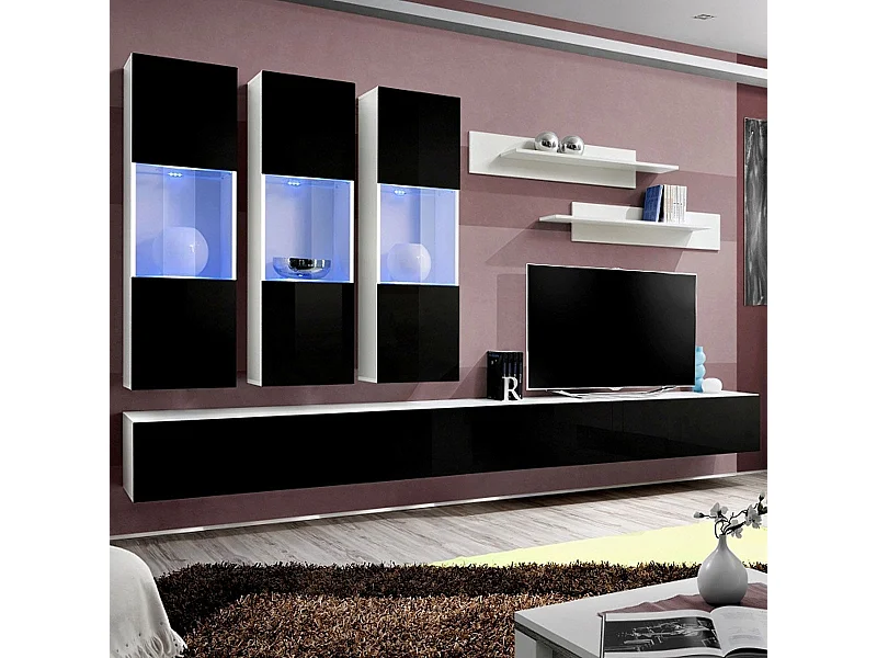 Meuble TV Mural Design "Fly II" 320cm Noir & Blanc