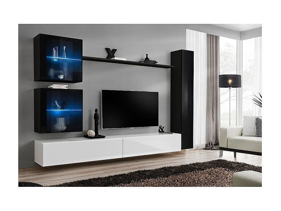 Meuble TV Mural Design "Switch XVIII" 280cm Blanc & Noir