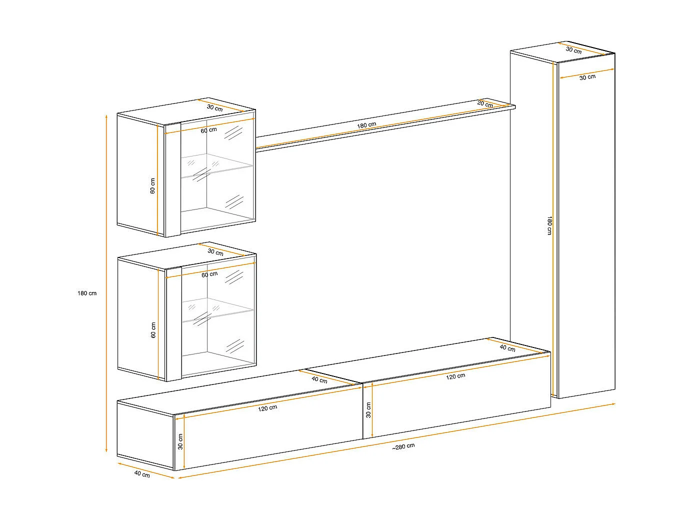 Meuble TV Mural Design "Switch XVIII" 280cm Blanc & Noir