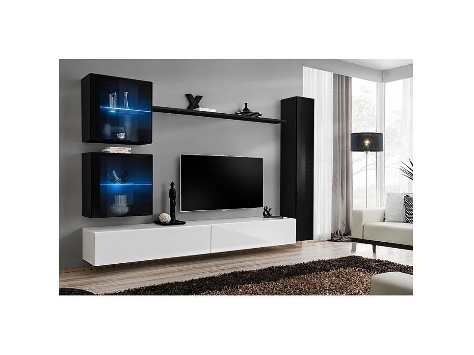 Meuble TV Mural Design "Switch XVIII" 280cm Blanc & Noir