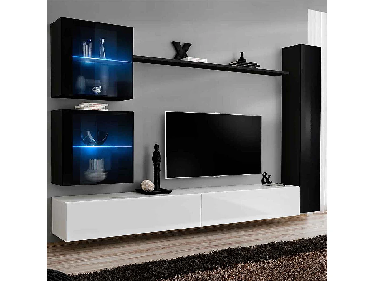 Meuble TV Mural Design "Switch XVIII" 280cm Blanc & Noir