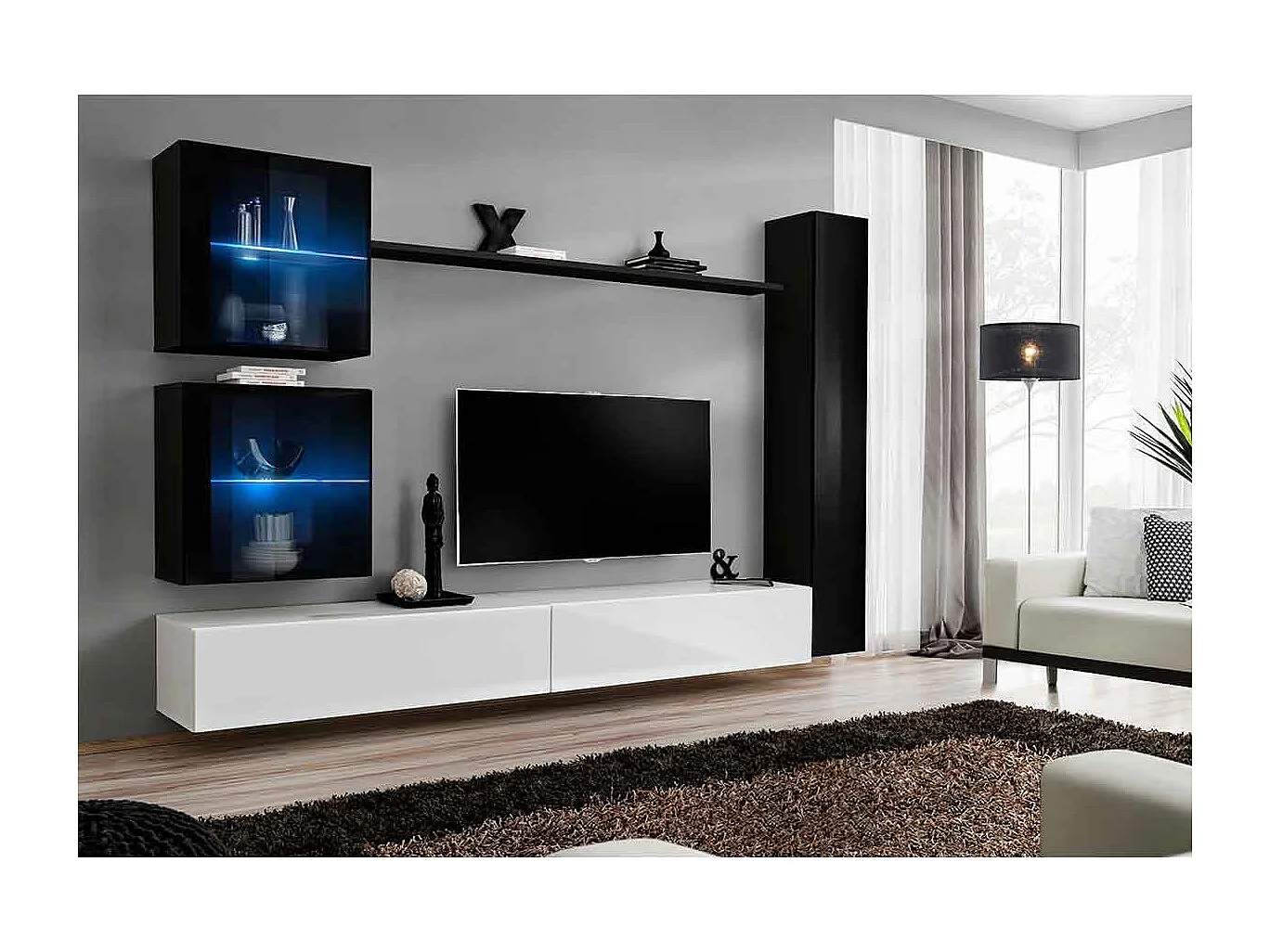 Meuble TV Mural Design "Switch XVIII" 280cm Blanc & Noir