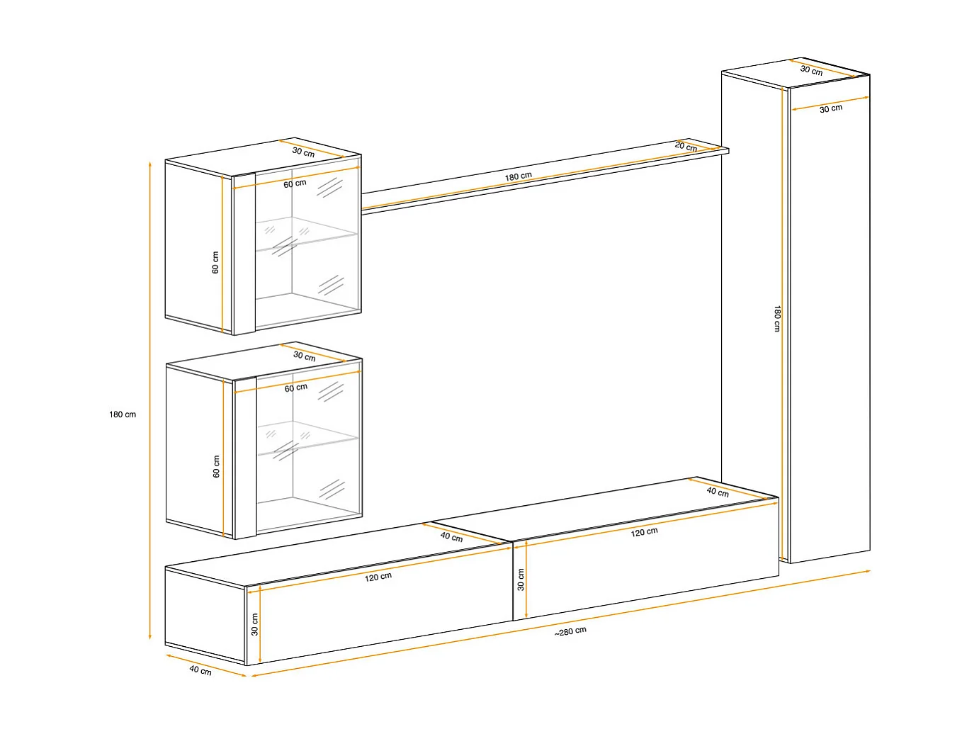 Meuble TV Mural Design "Switch XVIII" 280cm Blanc & Noir