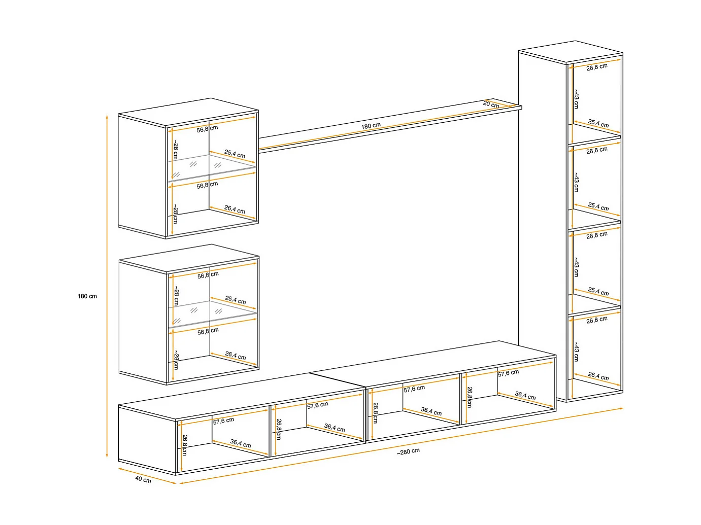 Meuble TV Mural Design "Switch XVIII" 280cm Blanc & Noir