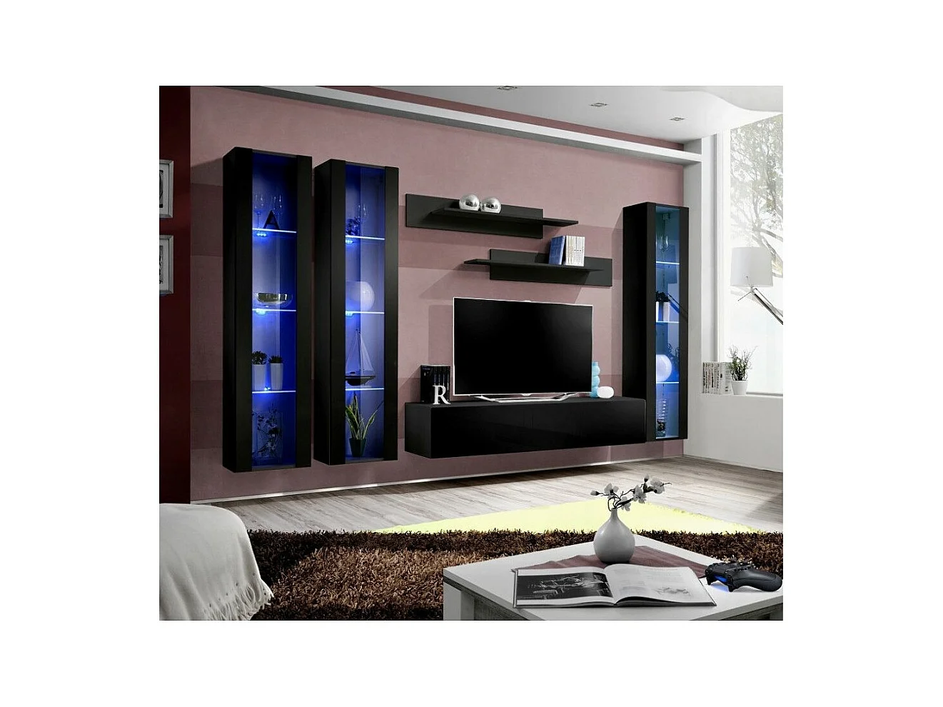 Meuble TV Mural Design "Fly II" 310cm Noir
