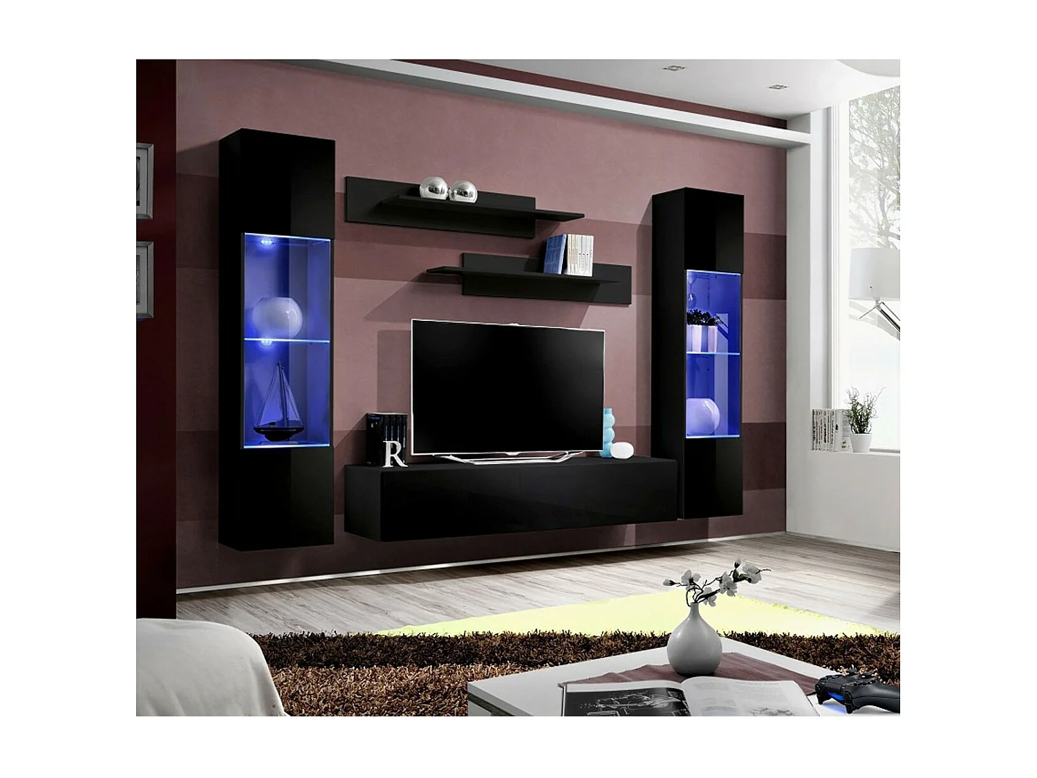 Meuble TV Mural Design "Fly III" 260cm Noir