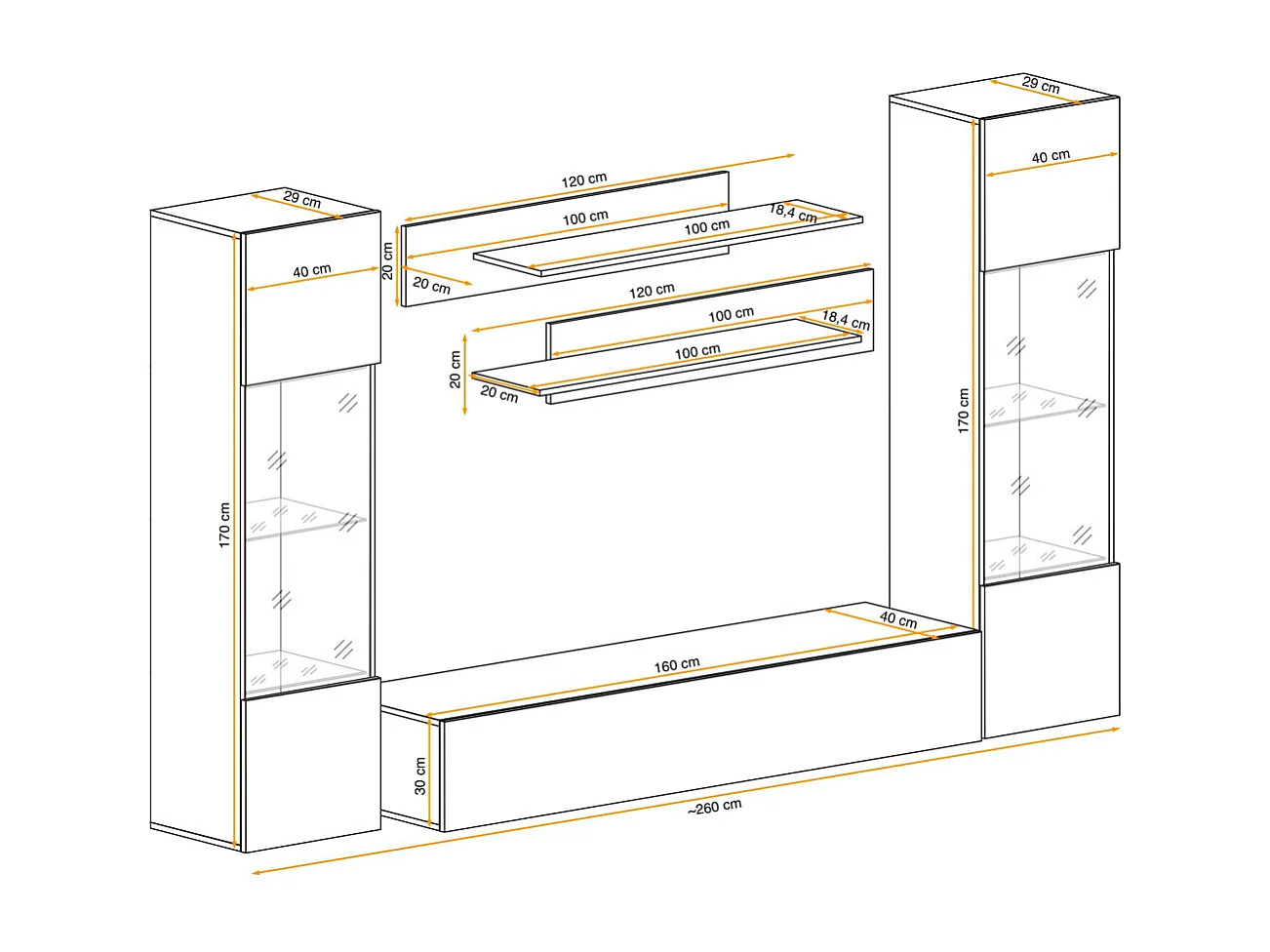 Meuble TV Mural Design "Fly III" 260cm Noir