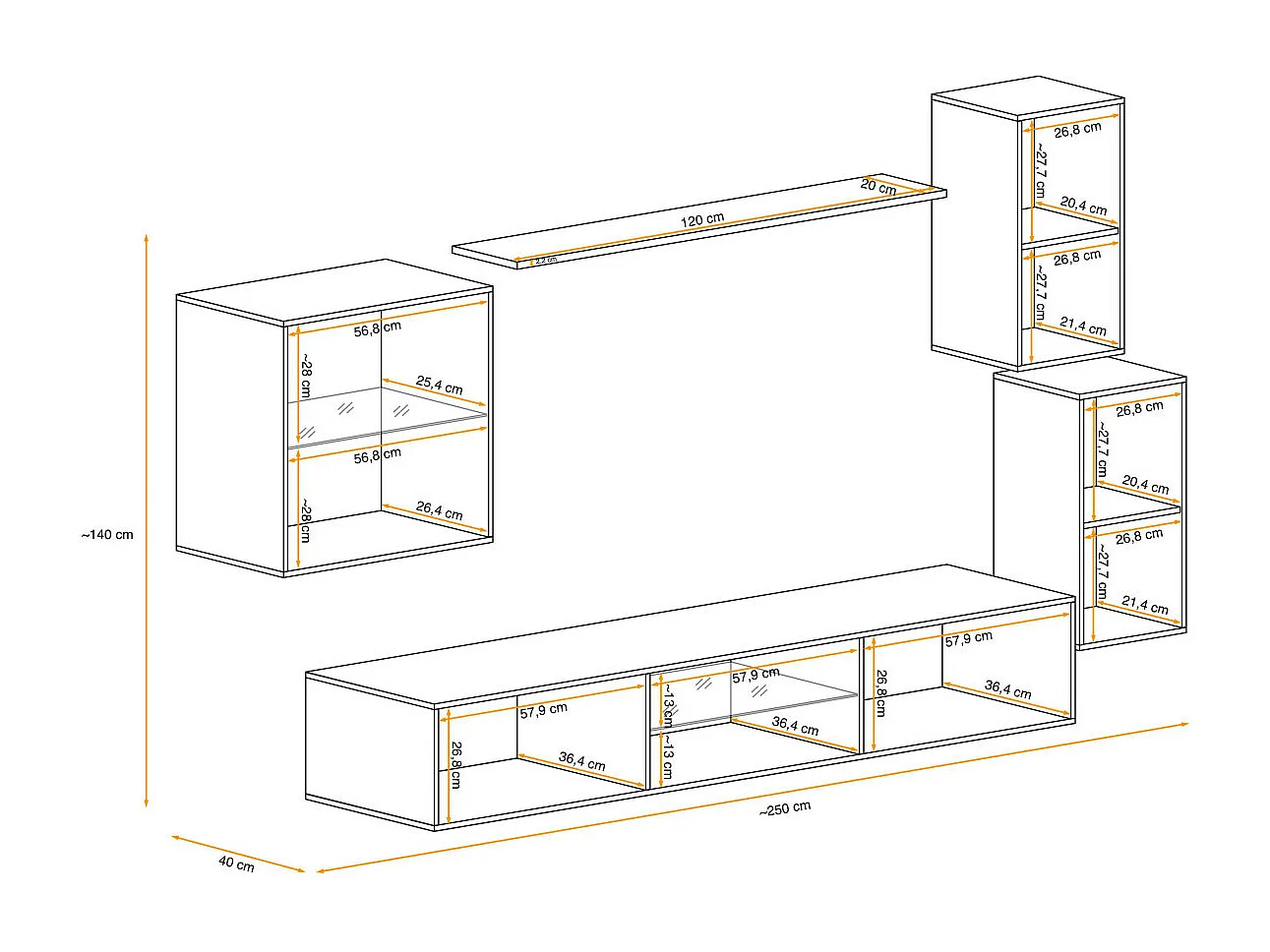 Ensemble Meuble TV Design "Switch XXIII" 250cm Noir & Blanc