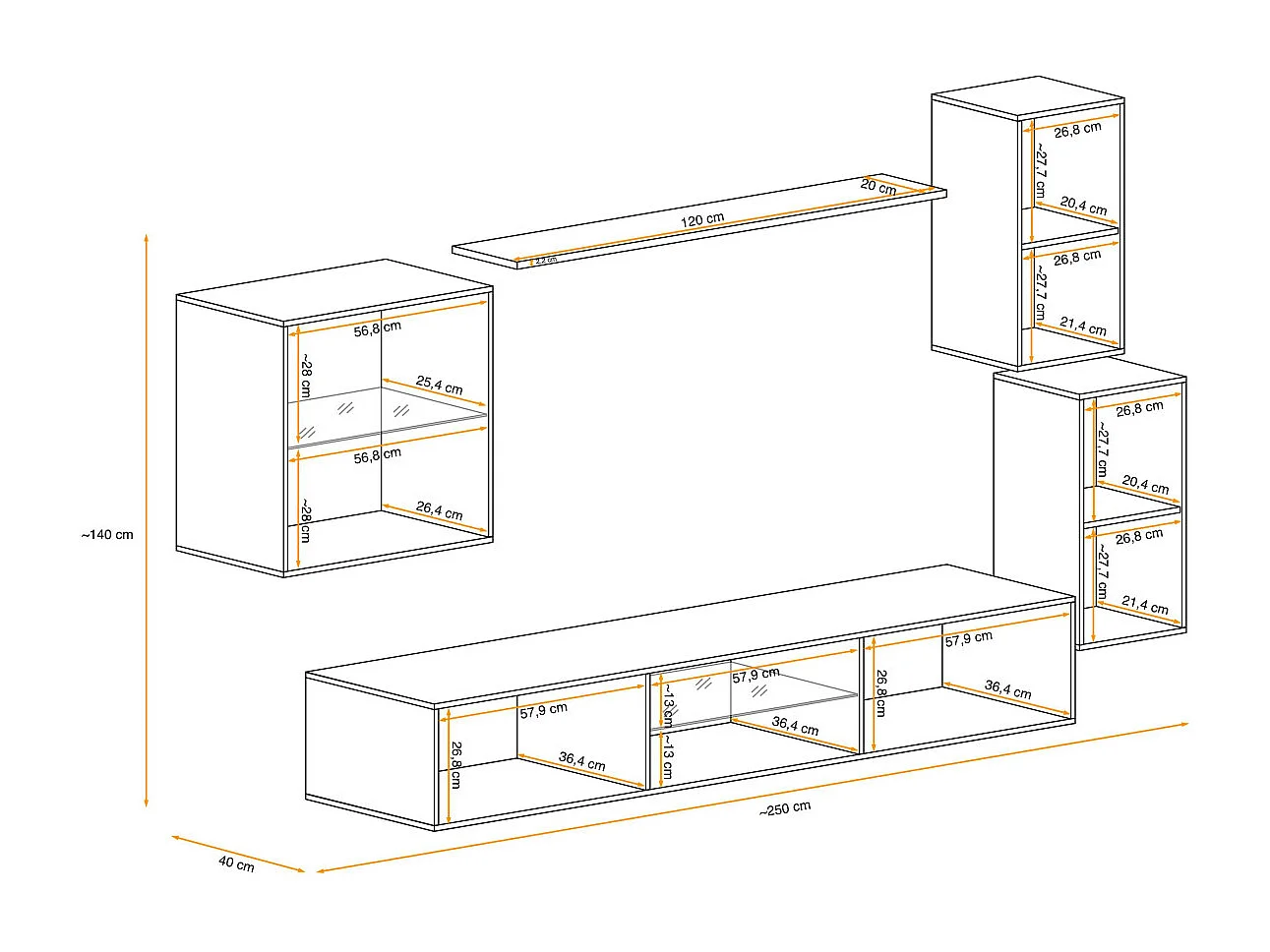 Ensemble Meuble TV Design "Switch XXIII" 250cm Noir & Blanc