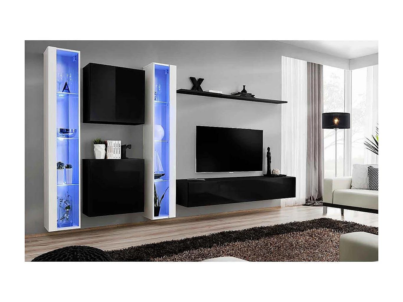 Meuble TV Mural Design "Switch XVI" 330cm Noir & Blanc
