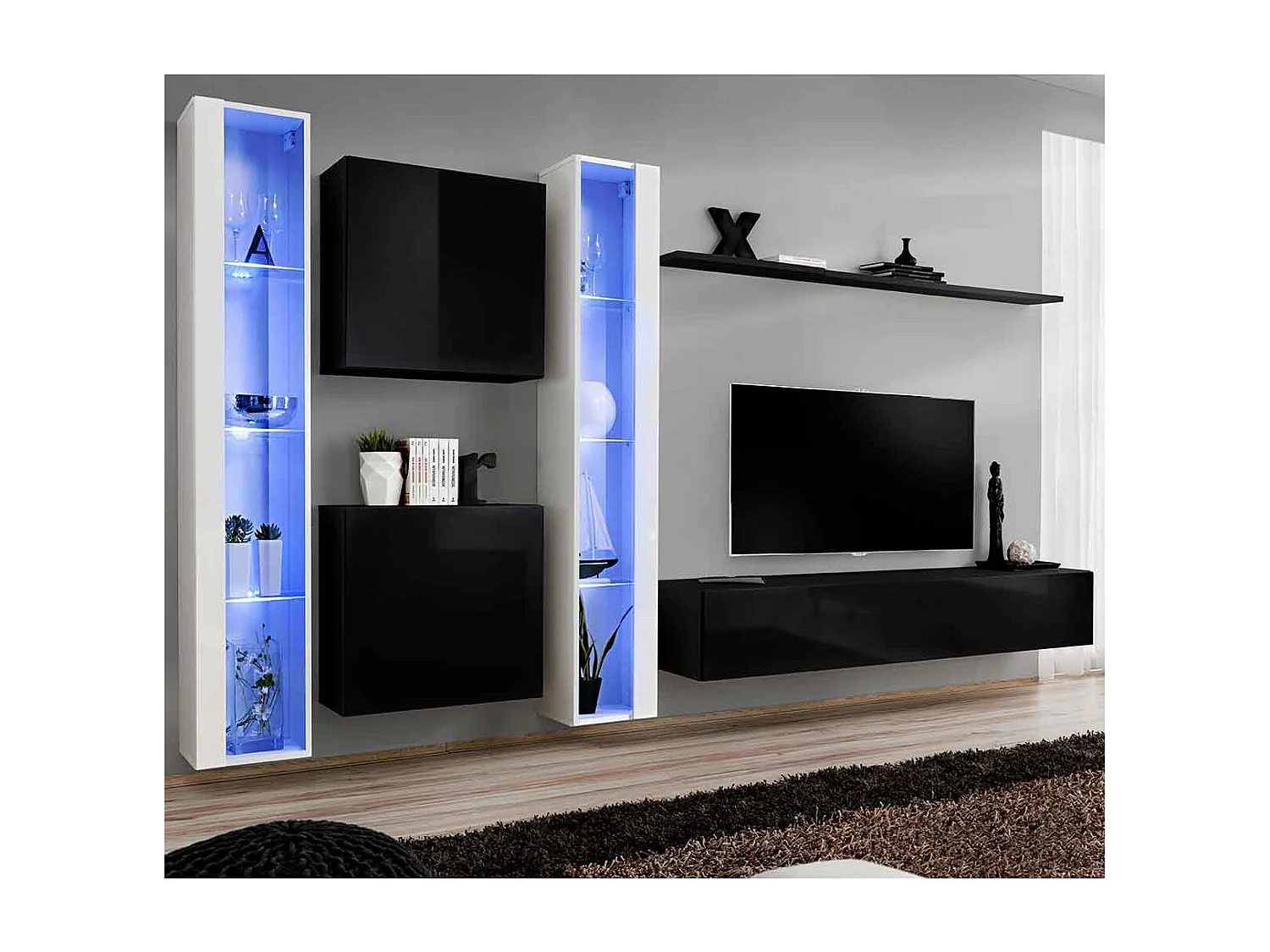 Meuble TV Mural Design "Switch XVI" 330cm Noir & Blanc