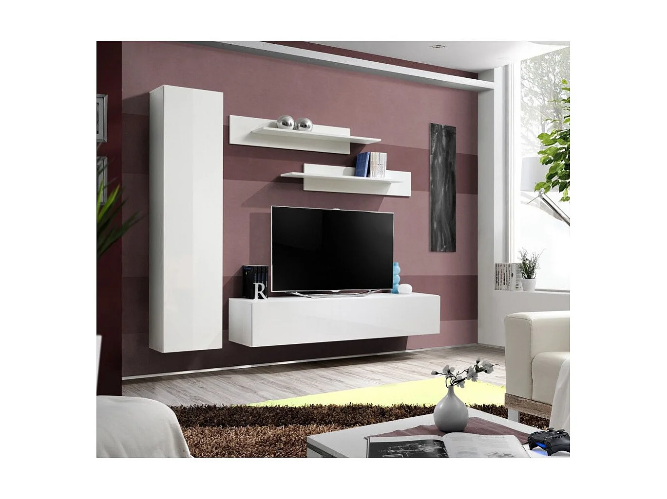Meuble TV Mural Design "Fly I" 210cm Blanc
