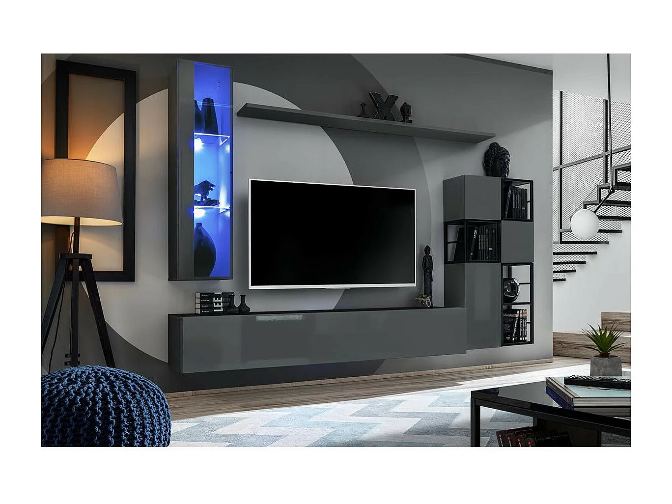 Ensemble Meuble TV Design "Switch II" 250cm Gris & Noir