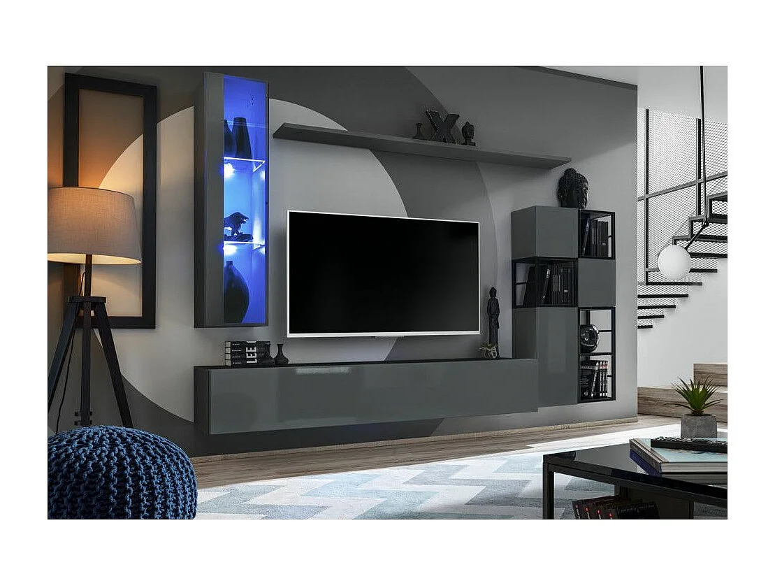 Ensemble Meuble TV Design "Switch II" 250cm Gris & Noir