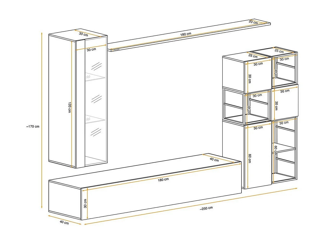 Ensemble Meuble TV Design "Switch II" 250cm Gris & Noir
