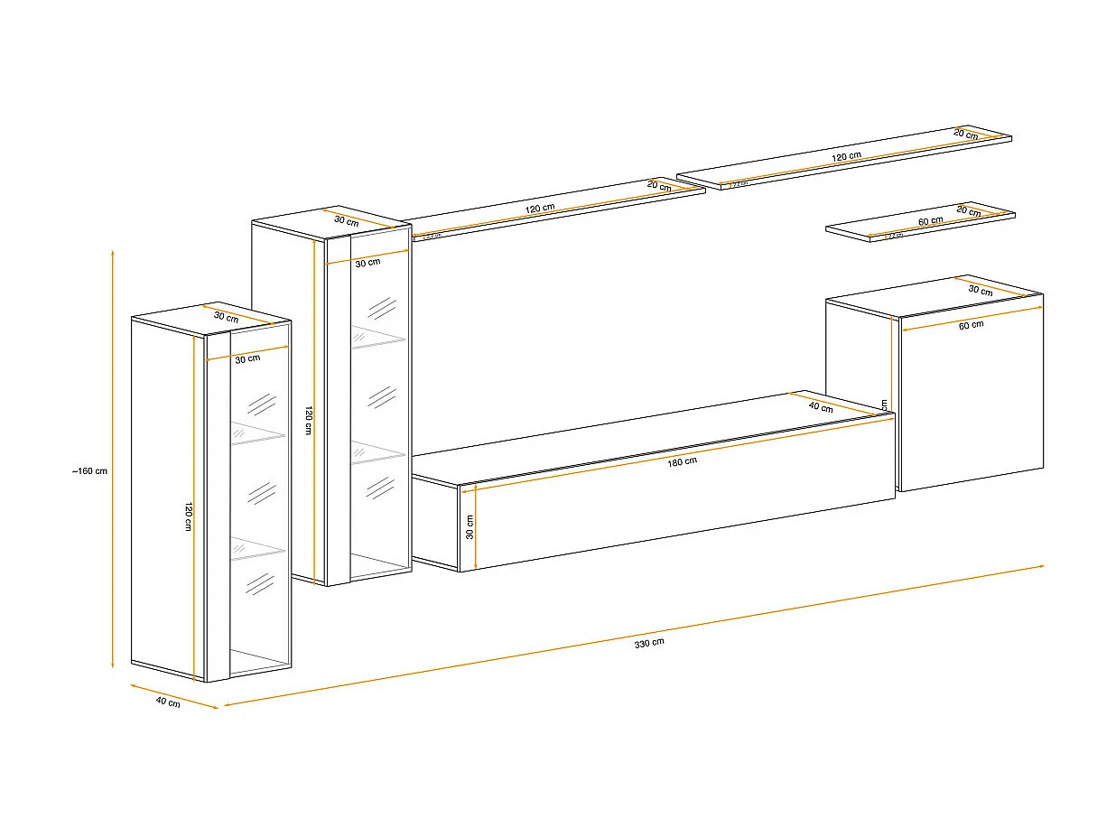 Meuble TV Mural Design "Switch XI" 330cm Noir & Blanc
