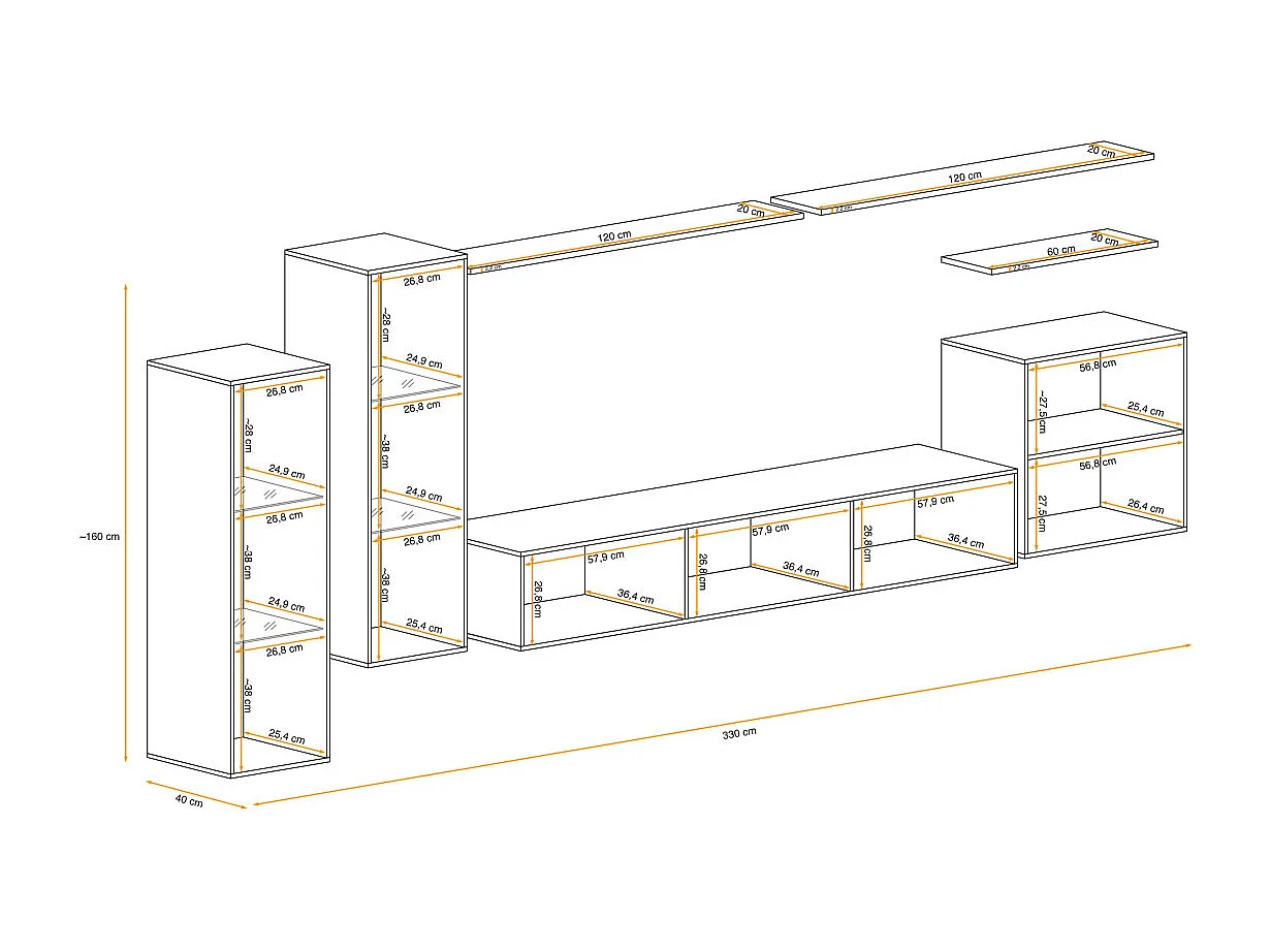 Meuble TV Mural Design "Switch XI" 330cm Noir & Blanc