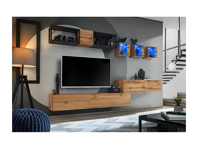 Ensemble Meuble TV Design "Switch III" 280cm Naturel & Noir