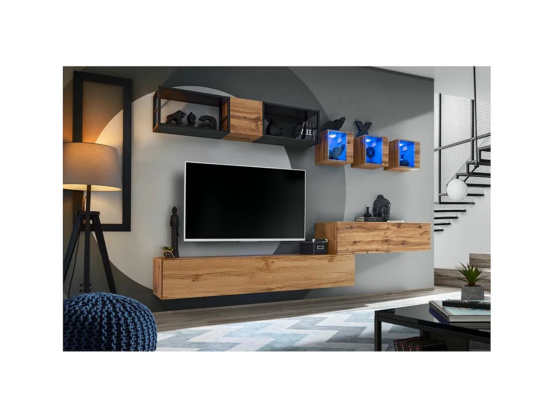 Ensemble Meuble TV Design "Switch III" 280cm Naturel & Noir