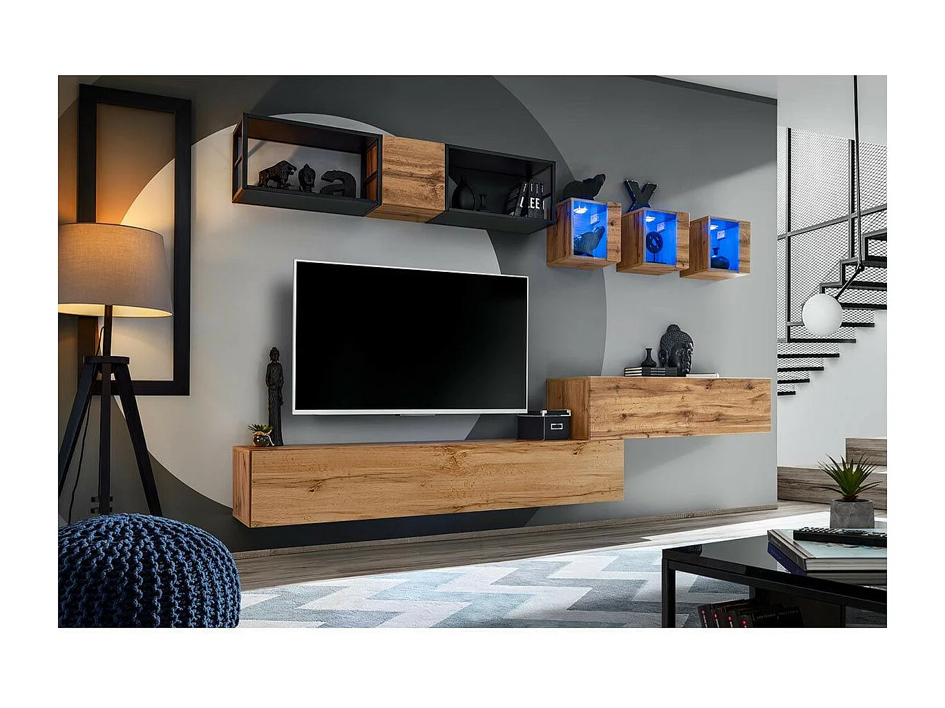 Ensemble Meuble TV Design "Switch III" 280cm Naturel & Noir