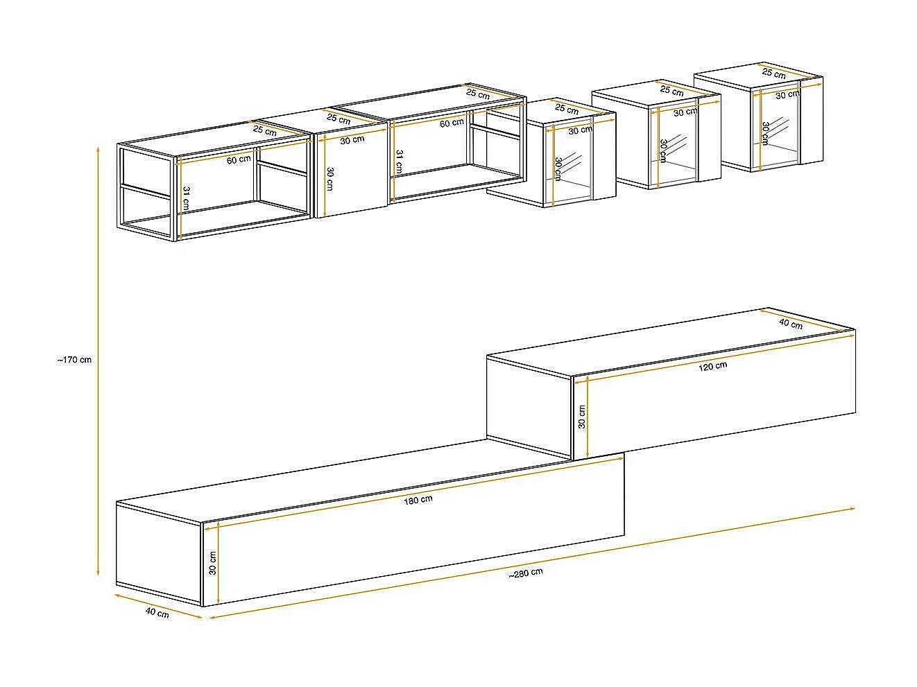 Ensemble Meuble TV Design "Switch III" 280cm Naturel & Noir