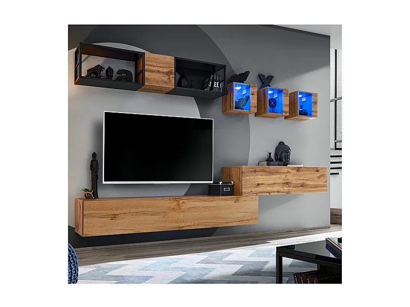 Ensemble Meuble TV Design "Switch III" 280cm Naturel & Noir