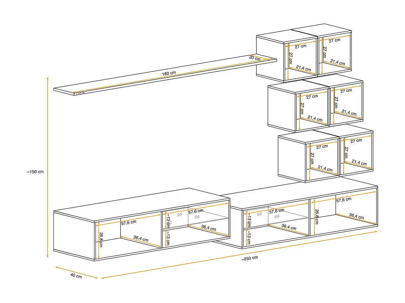 Ensemble Meuble TV Design "Switch XXIV" 250cm Noir & Blanc