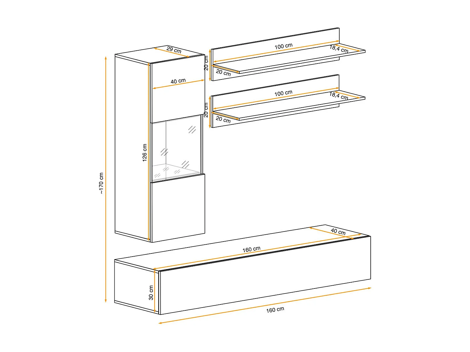 Meuble TV Mural Design "Fly III" 170cm Blanc & Noir