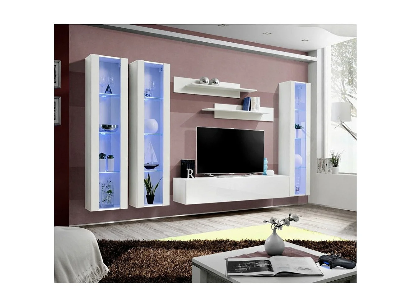 Meuble TV Mural Design "Fly II" 310cm Blanc