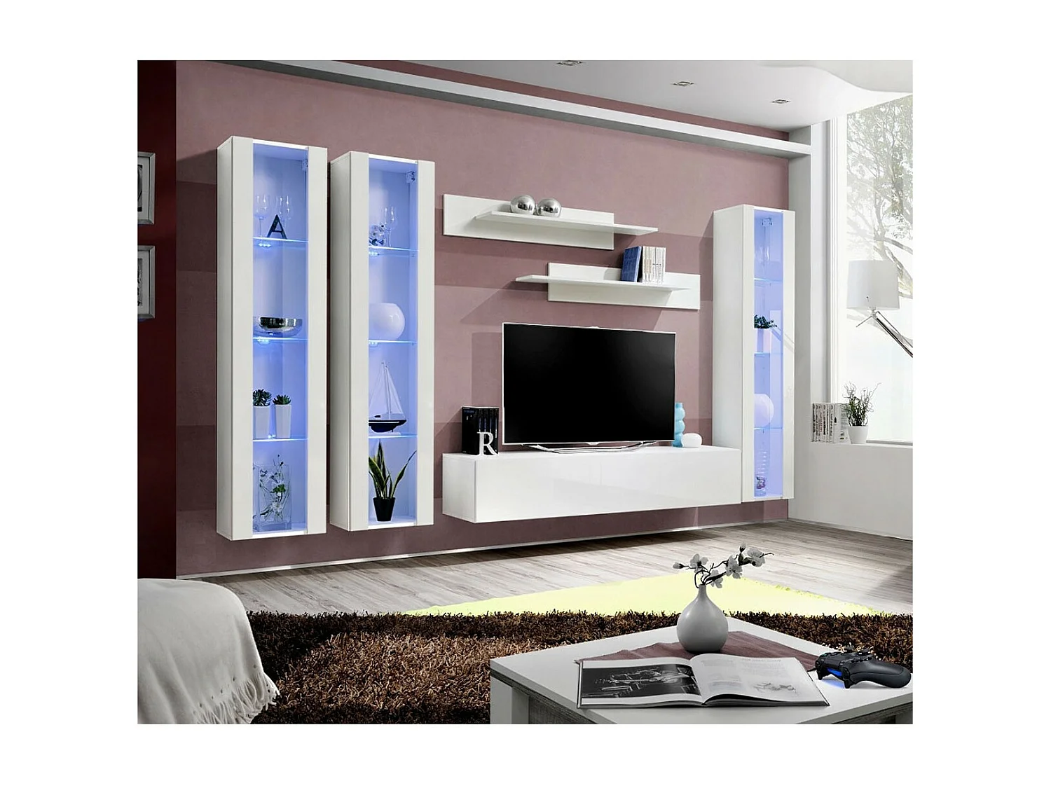 Meuble TV Mural Design "Fly II" 310cm Blanc