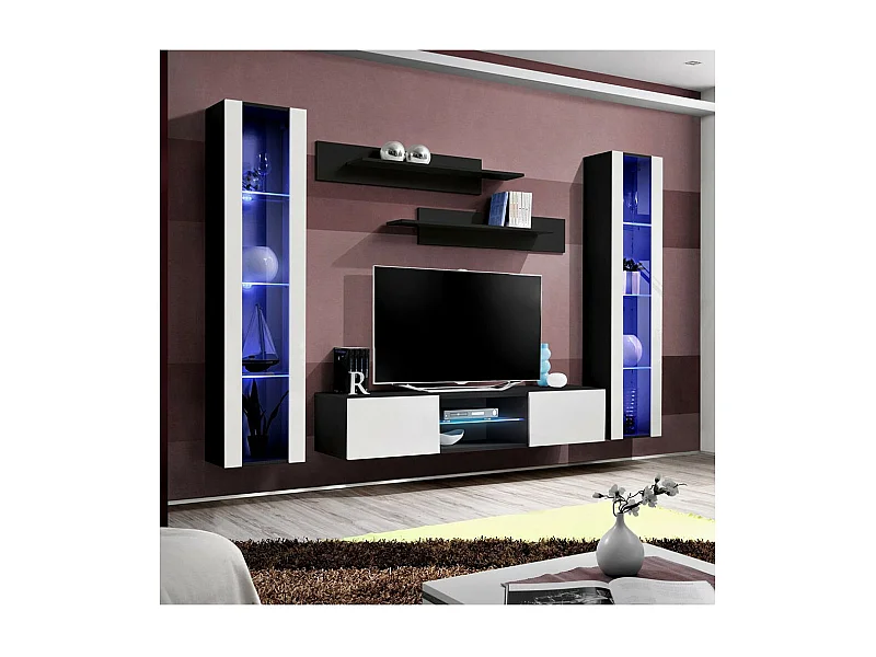 Meuble TV Mural Design "Fly XIX" 260cm Blanc & Noir