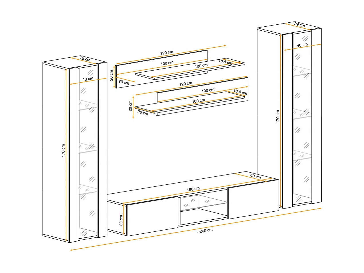 Meuble TV Mural Design "Fly XIX" 260cm Blanc & Noir