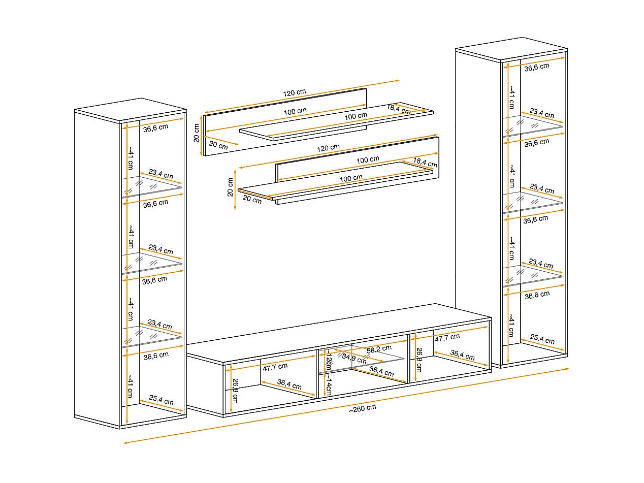 Meuble TV Mural Design "Fly XIX" 260cm Blanc & Noir