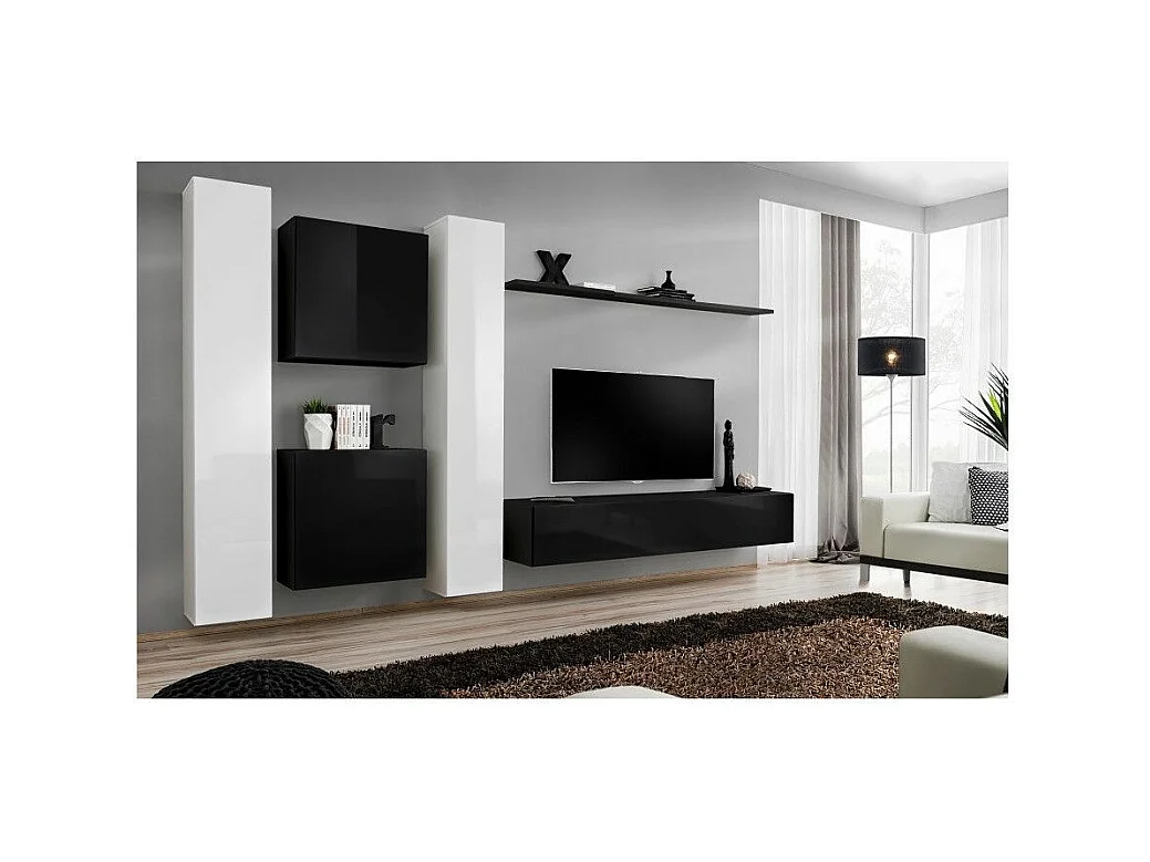Meuble TV Mural Design "Switch VI" 330cm Blanc & Noir