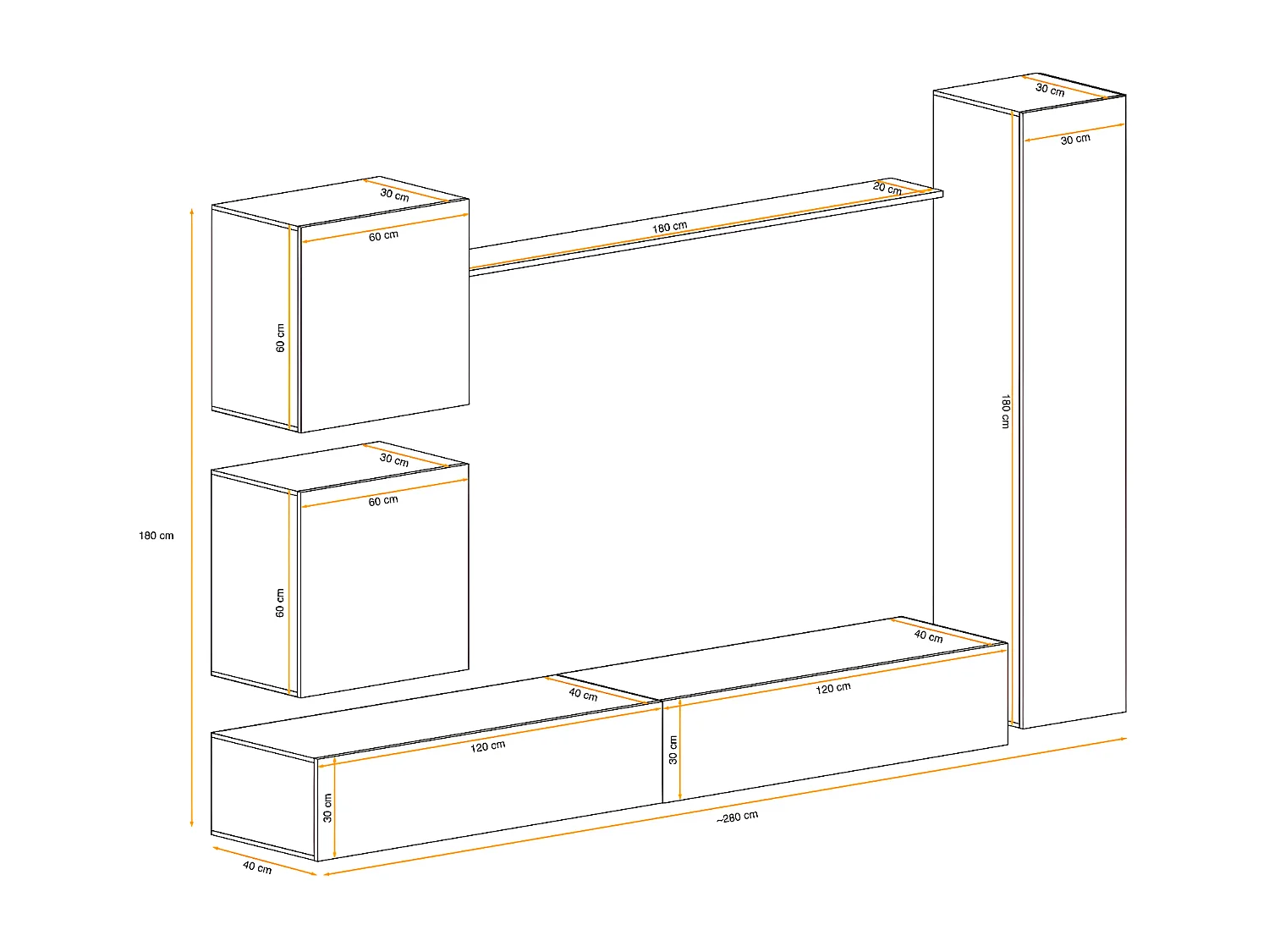Meuble TV Mural Design "Switch VIII" 280cm Noir & Blanc
