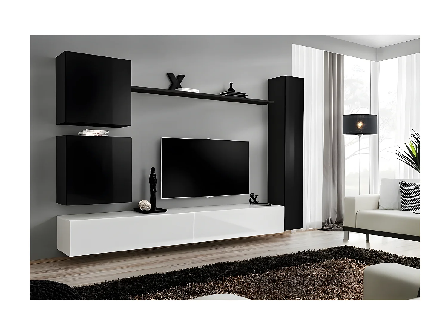 Meuble TV Mural Design "Switch VIII" 280cm Noir & Blanc